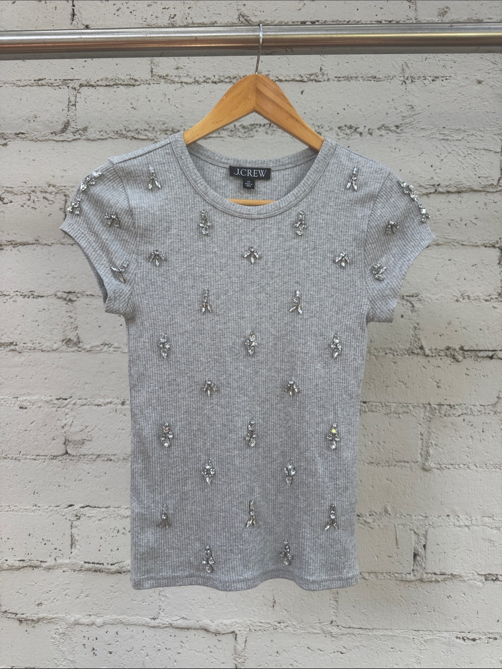 J. Crew Vintage Rib Short Sleeve T-Shirt Rhinestone Embellishment Gray Size XS